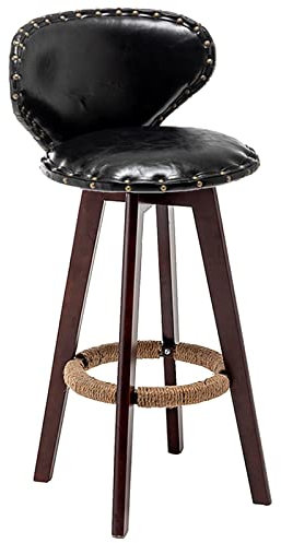 SIBEG Holzstuhl, Retro-Barhocker für Zuhause, Küche, Esszimmer, Drehhocker mit Rückenlehne aus Messingnägeln und Fußstütze aus Hanfseil (Größe: 60 cm, Farbe: Schwarz)