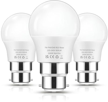 Flaspar Bayonet Light Bulb 60W, 7W B22 LED Bulbs Bayonet Cap Warm White 3000K, G45 P45 Energy Saving Golf Ball Lightbulbs, Non-dimmable, 3 Pack