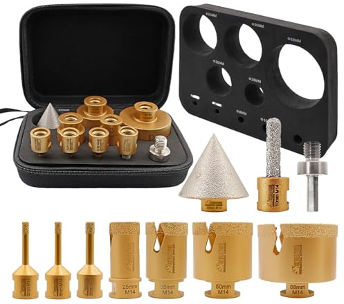 SHDIATOOL Diamond Core Drill Bit Set - 10pcs (6/6/8/25/35/50/68MM+10mm Curved Finger Milling Bit+50mm Beveling Chamfer Bit+Hex) Hole Saw Kit Tile Drill Bits for Porcelain Ceramic Marble M14 Thread