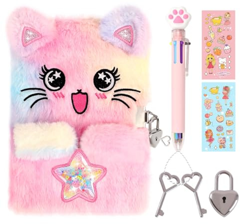 PrinBarBee Diario con gatto per ragazze con lucchetto e chiavi, diario peloso tie-dye per bambini, blocco note con copertina rigida e soffice con chiusura per scrivere e disegnare, compleanno bambina