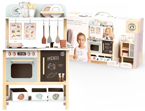 Speedy Monkey Wooden Toy Kitchen | 20 Accessories inc Stovetop, Oven, Sink, Alarm Clock, Plates & Cups | Beautiful Wooden Play Kitchen | Sustainable & Safe Kids Kitchen | Smooth Edges