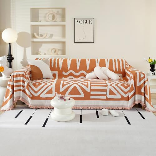 Chenille Sofa Cover 3 Seater, Chenille Couch Cover for Corner Sofa, Washable Sofa Slipcover, Couch Protector Loveseat L Shaped Covers with Tassel, Suitable for All Seasons, 180 x 300 cm, Orange