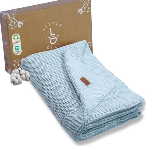 Little Dedi Temperatur regulierende, Atmungsaktive, Strickdecke aus 100% Bio-Baumwolle GOTS Zertifizert - 80x100 cm. Baby Blue, Ideal als Kuscheldecke in eleganter Geschenkbox