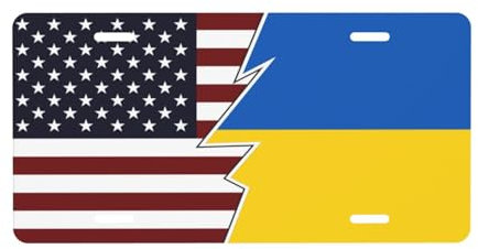 Nummernschild im zerrissenen Stil mit amerikanischen und ukrainischen Flaggen für die Vorderseite des Autos, Nummernschilder, 6 x 12 Zoll, Metall-Autoschilder, Vanity-Neuheit, Auto-Dekor-Anhänger