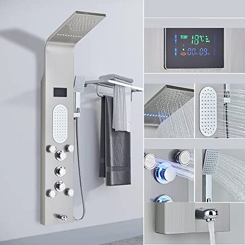 Yuidaaavzz Black LED Light Shower Faucet Bathroom SPA Massage Jet Shower Column System Waterfall Rain Shower Panel Sprayer Tap,8013 Brushed D (8025 Brushed C)