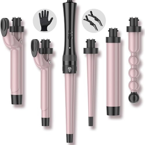 Hair Curling Wand Iron Tongs, 6 in 1 Hair Curler for Long Hair 10mm-32mm with 2 Crocodile Clips 1 Anti-Scald Silicone Gloves, PTC Ceramic LCD 180°C & 210°C