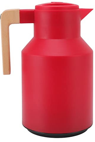 RASTKY 1L Large Capacity Coffee Pot Portable Thermal Carafe European Beech Wood Handle 12h Insulation Kettle for Men Plastic Shell, Glass Gallbladder, Beech Wood (Red)