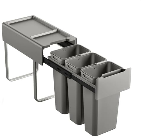SVITA Cubo de basura empotrable EM3 x 10, 3 compartimentos con tapa, sistema de separación de basura, gris, 3 x 10 L, 3 compartimentos