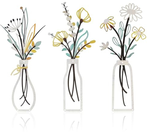 3Pcs Metal Wall Art, Kitchen Art Wall Decor Bedroom Colorful Metal Artwork for Wall Flower Minimalist Rustic Farmhouse Decor Hanging Wall Sculpture for Living Room,Bedroom,Kitchen, Housewarming Gifts