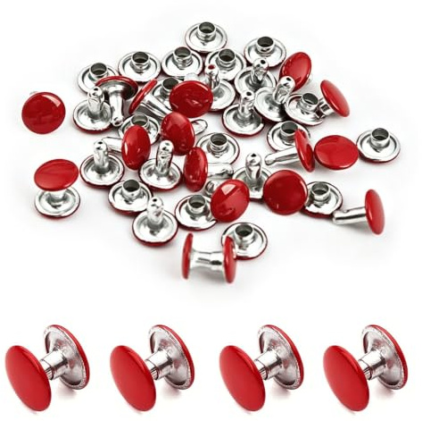 100 Sets 8MM Red Leather Rivets for Fabric,Metal Double Cap Rivets Tubular Metal Studs for Clothing,Bag,Shoes Repairs