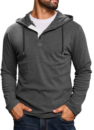 Herrmode huvtröjor ledig knapp pullover huvtröjor lätt långärmad t-shirt S-3XL, Mörkgrå, M
