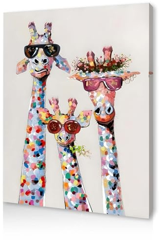 Qiukoo Wall Art - Bunte Giraffe Leinwanddruck mit Sonnenbrille, lustige Tier-Wanddekoration für Schlafzimmer, Wohnzimmer, Flur oder Treppe, mit vormontiertem Rahmen und Haken, 30 x 39,9 cm
