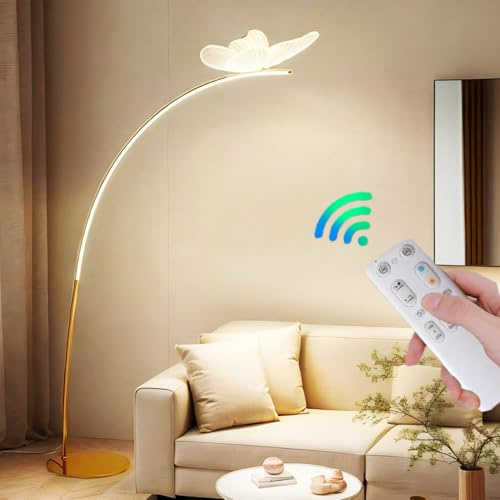 Msiocio Modern LED Stehleuchte Wohnzimmer Bogen Lampe Dimmbar mit Fernbedienung Schmetterling Deko Iron Bogenleuchte Acryl-Lampenschirm für Schlafzimmer Leselampe Sofa Büro (Gold)