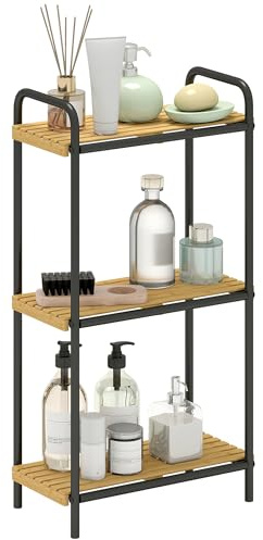 HOMCOM Étagère Salle de Bain Bambou, 3 Niveaux, étagère de Rangement étroite autoportante Cadre en Acier pour Salon, Salle à Manger, Balcon, Cuisine, 41,5 x 21,5 x 77,5 cm, Noir et Effet Bois Naturel