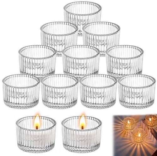 Clear Tea Light Candle Holders, MOLENCO 12 Pcs Glass Tealight Holders, Mini Ribbed Vintage Candle Holders for Table Centerpiece Weddings Parties Home Decor(Ø2.08 x H1.37 in)