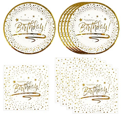 50 Stück Pappteller und Servietten Geburtstag Partygeschirr Set, Weiß Gold Punkte Partyteller Servietten Einweg Kindergeburtstag Tischdeko für Geburtstag Deko Mädchen Junge Frau Mann (Weiß Gold)