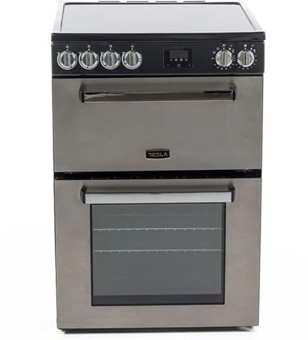 Tesla Electric Cooker - Freestanding Stainless Steel, A/A+ Energy, 4-Zone Ceramic Hob, 60cm Double Cavity, 68L & 31L Ovens, Easy Clean Enamel, LED Timer, (TMRC60SS)