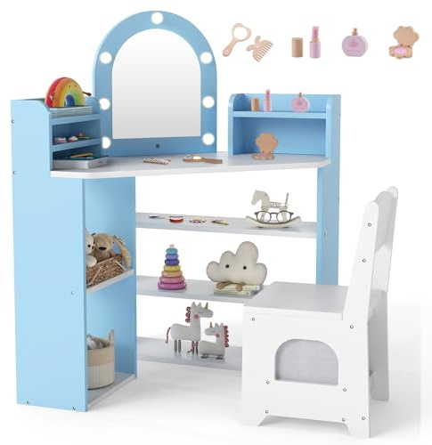 LIFEZEAL Specchiera Trucco Angolare per Bambina 3+Anni, con Luci, Sgabello, Sedia, Toeletta Tavolo, Postazione Make up, Vanity, Salvaspazio, con Ripiani, Cassetto, Accessori, Cameretta, Blu