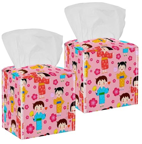 Lot de 2 boîtes à mouchoirs carrées en cuir japonais pour enfants, motif fleurs de cerisier, distributeur de papier pour maquillage, réservoir de toilette, commode, table de nuit, comptoir, bureau