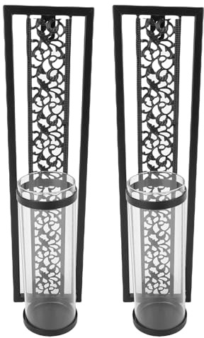 KKPLZZ 2 Stück Wandkerzenhalter, Vintage-Metallwandkunst mit Glasabdeckung und Komplizierten Ausgehöhlten Mustern, für Heimdekoration, Wohnzimmer, Schlafzimmer (Schwarz)