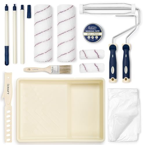 iCRAFT 4 inch & 9 inch 12-piece Paint Set – Rollers, Tray, Frames, Flat Brush, Extension Pole, Masking Tape & Dust Sheet | Complete Interior Painting Kit for Walls, Ceilings & Detailed Finishing Work