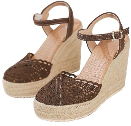 Generisk espadrilles för dam, kilklack, sommarskor dam med klack, ankelrem, sommarskor, öppna kilsandaler, tjock sula, halmsandaler, ankelrem, sandalett, kilsandaletter, kaffe, 42 EU