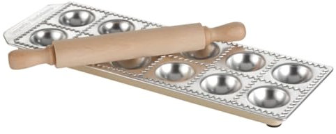 KitchenCraft Imperia Stampo per Ravioli con Dodici Fori e Mattarello, Legno / Acciaio Inossidabile, 33.7 x 1.9 x 11.4 cm, Argento / Marrone