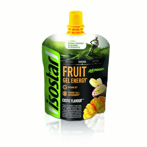 ISOSTAR – Gel Actifood saveur Fruits Exotiques – Gel Énergétique Sport avec Glucides, Source de Vitamines B1, C & E – Running, Vélo & Trail – 90 g