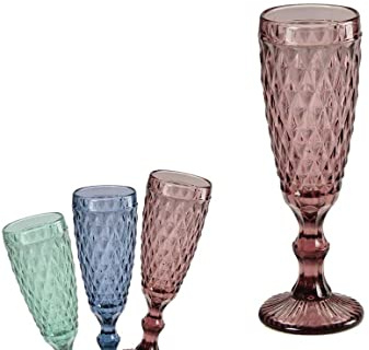 6 FLUTE CALICI VETRO IN 3 COLORI H.CM 20 BICCHIERE BLU VERDE VIOLA