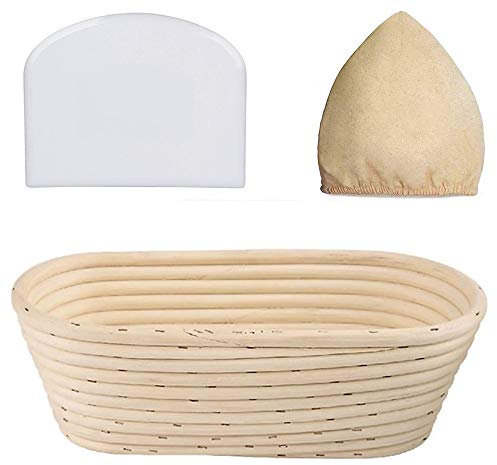 (10 x 6 x 3.5 inch) Bread Proofing Basket Banneton Proving Basket Natural Rattan Sourdough Proving Basket for Professional Home Bakers with Cloth Liner, Dough Scraper, Bread (Oval)