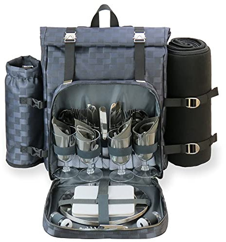 Picknick-Rucksack für 4 mit Decke, Isolierter Picknick-Rucksack mit Kühlfach, Reise-Picknick-Rucksack mit SS-Platten, Besteck, Weingläser, Schneidebrett, Flaschenöffner, Servietten, S/P-Shaker (Black)