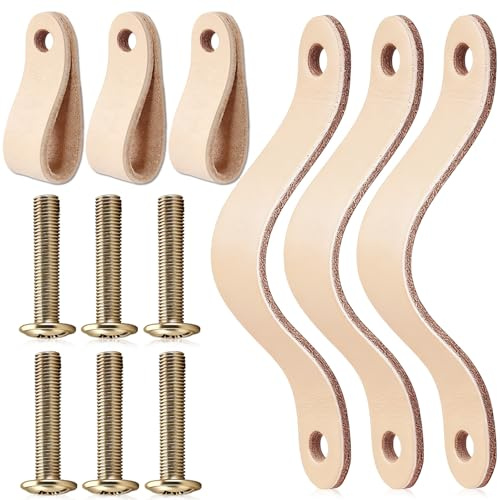Zhenp 6 Stück weiche Ledergriffe mit Schrauben 6,9 x 2,4 cm Einzelloch Nordic Stil Schubladengriffe Echtleder Küchengriffe Möbelgriffe