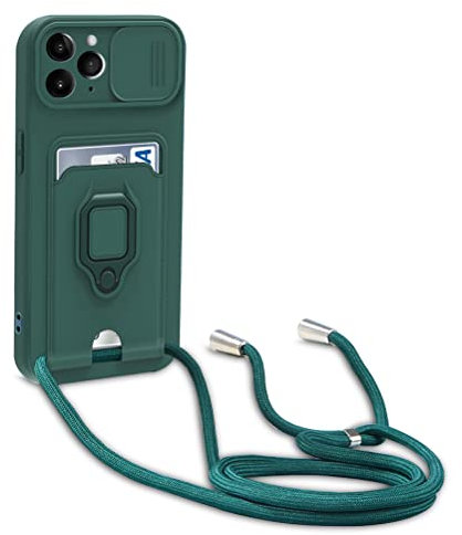 yanasuo Camera Protection Lanyard Phone Case for iPhone 11 Pro Max, Card Holder, Slide Camera Cover, Silicone Cord Strap rope Shell TPU Shockproof Bumper Cover-Dark Green