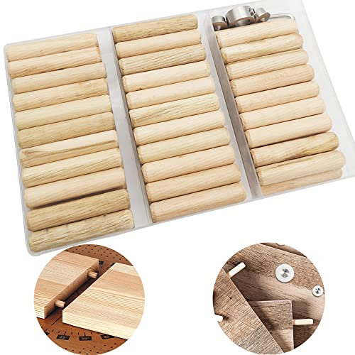 Tasselli Legno, CESFONJER 63 pcs Spine Legno, 2 pcs Perni di Centraggio e 1 pcs Anelli per Punte Trapano, con chiave esagonale, per Mobili Porte e Progetti Artistici (10mm)