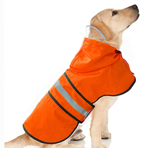 Dog Raincoat Waterproof Reflective Slicker - Lightweight Breathable Hooded Poncho Rain Coat Jacket with Adjustable Belly Strap and Leash Hole for Small Medium Large Dogs (Medium, Orange)