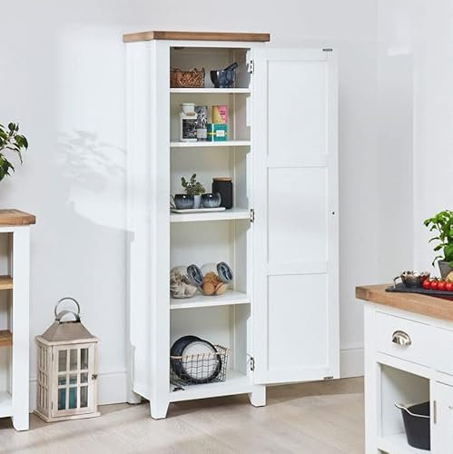 The Furniture Market Cheshire White Painted Single Door Shaker Kitchen Pantry Cupboard with 5 Height Adjustable Storage Shevles, Limed Oak Top, Kitchen or Living Room - H 1800mm x W 610mm x D 415mm
