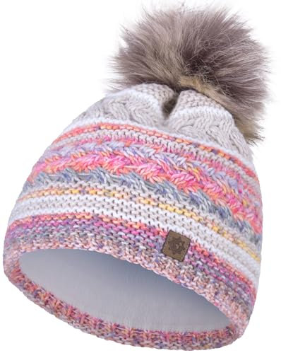 Compagno Wintermütze Damen Strickmütze Mütze Damen Bommelmütze Mehrfarbig Futter Beanie 87, Farbe:Beige