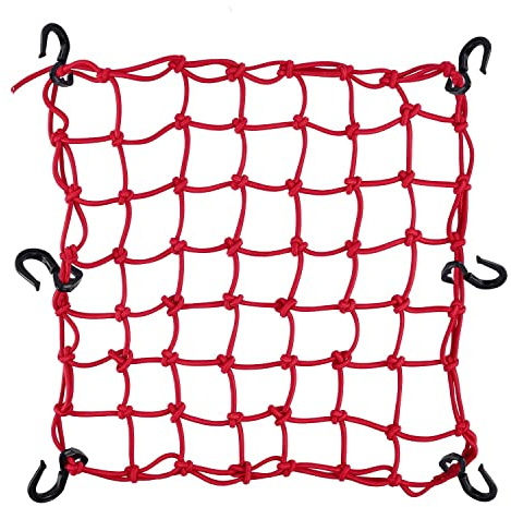 Small Cargo Net 15x15 Stretches to 30x30 with Thicken Hooks | Natural Latex Core, Tight 2”x2” Mesh Heavy Duty Bungee Net for Motorcycle Helmet, Bike, ATV, UTV, Luggage (red, 1pc)