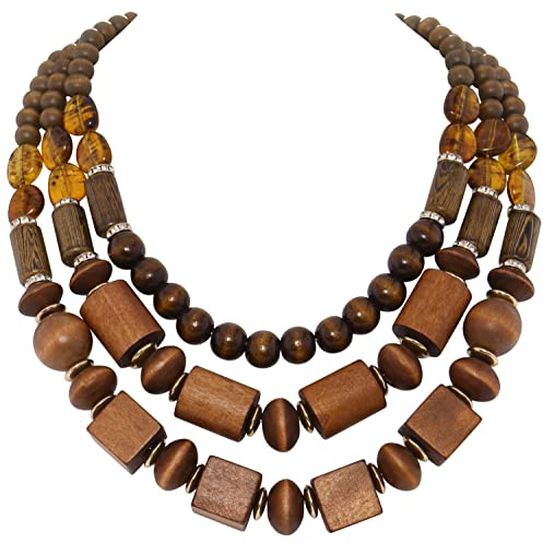 Coiris 3 Layer Chunky Wood Beaded Necklace Exaggerated Statement Bead Collar Necklace Bib Necklaces (N0100-Cylinder+Ball+Cube)