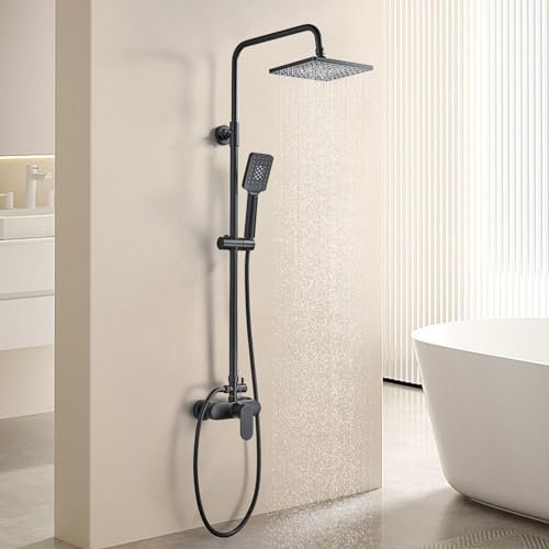 AIMOYO Columna Ducha Negra, Sistema de Ducha Monomando, juego de Ducha con Ducha de Lluvia y Ducha de Mano Para Baño, Altura Ajustable 80-117 cm