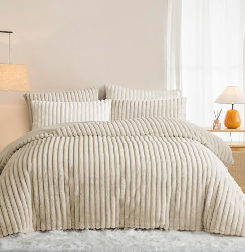 Lanqinglv Winter Plüsch Bettwäsche 135x200 4Teilig Beige Warme Flauschig Flanell Kunstfell Streifen Winterbettwäsche,Teddy Cashmere Touch 2 Bettbezug mit Reißverschluss und 2 Kissenbezug 80x80cm