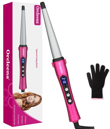 Hair Curling Wand 13-25mm Tapered Hair Curler Ceramic Tourmaline Curling Iron for Long and Shoulder Length Short Hair Dual Voltage Professional Styling Curl Barrel with LCD Display (Rose Red + Silver)