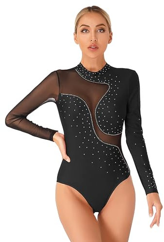 TTAO Tanzanzug für Damen Ballett Body Kurzarm/Langarm Gymnastikanzug Mesh Tanztrikot Tanzbody Balletttrikot Tanzkleidung Schwarz E L