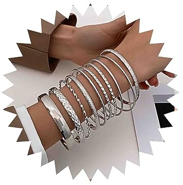TseenYi Boho Indischen Multi Armreif Armbänder Sets Silber Geschichtet Gestapelt Armreif Armband Multi Stackeble Strukturierte Armreifen Vintage Texturiert Runde Armreif Schmuck Für Frauen Und Mädchen