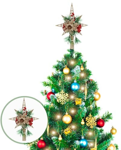 Kichvoe Puntale Per Albero Di Natale Puntale Per Albero A Stella Con Bacca Rossa E Ago Di Pino e Per o Di Natale Con Stella Fiori Glitterati Ornamenti Per o Di Per