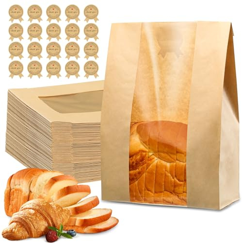 100 Pcs Bread Bags for Homemade Bread, Sourdough Paper Bags With Window, 50% Thicker 13.7x8.2x3.7in, A Large Bakery Bag Used for Storage Sourdough & Snacks, 110 Cute Sealing Stickers With Ties