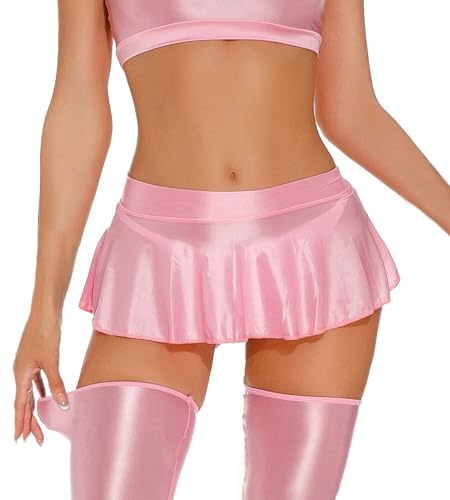 AIEOE Jupe Plissée Courte pour Femmes et Filles Minijupe A-Line Clubwear Femme Transparente Sexy Nightclub Taille L Rose