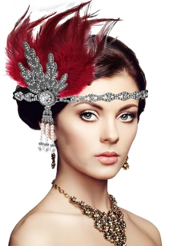 XIEXIESHER 1920s Kopfschmuck, Federschmuck Haare, Federboa Rot mit Haare Katzenaugen-Diamant für Halloween Karneval Party Hochzeit Tee-Party Dekoration Accessoire für Great Gatsby Damen