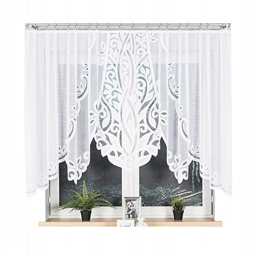 Gardinen Vorhangen Weiß 300x120 cm (BxH) Pola Kurz Jacquard Gardinen mit Kräuselband Scheibengardine Wohnzimmer Vorhänge Florales Motiv Küchengardinen Stores Gardinenschals Kurzstores