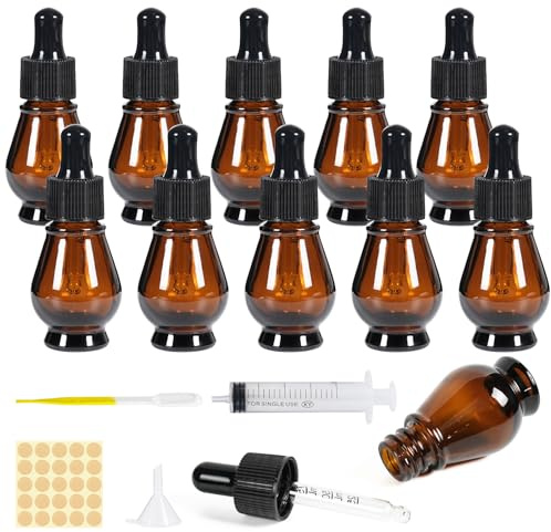Nadisean 10 Stk Pipettenflasche Glasflasche 10ml Braunglas, Birnenform | Fläschchen mit Pipette, Apothekerflasche Braunglasflasche mit Tropfenpipette, Trichter, Glas Tropfflasche für Ätherische Öl